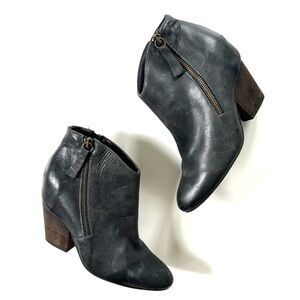 Miz Mooz Dark Navy Blue Genuine Leather Covered Heeled Double Zip Ankle Boots